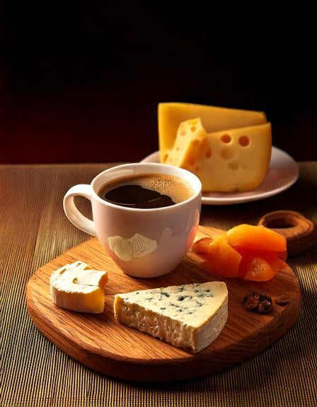 Un espresso sur une planche en bois, avec différents fromages et quelques fruits secs.