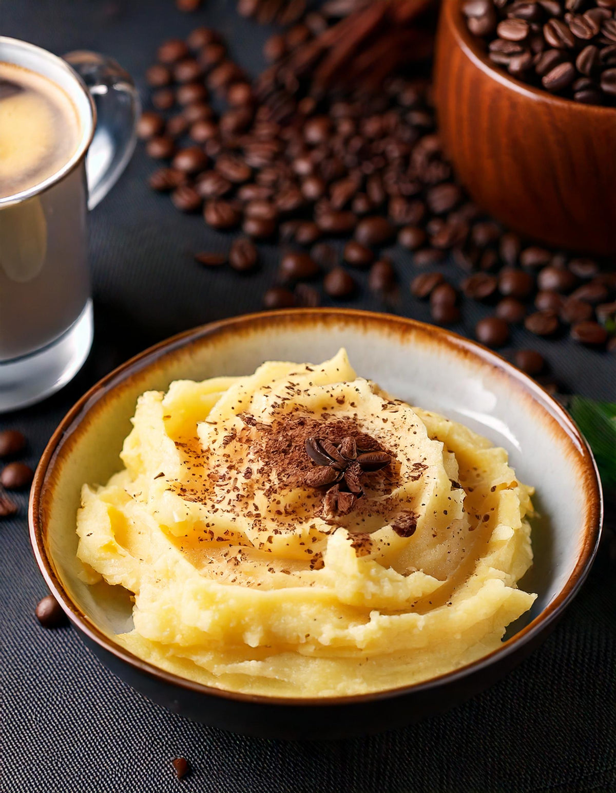 Purée de pomme de terre au lait de coco et au café, dans un bol, saupoudré d'épices