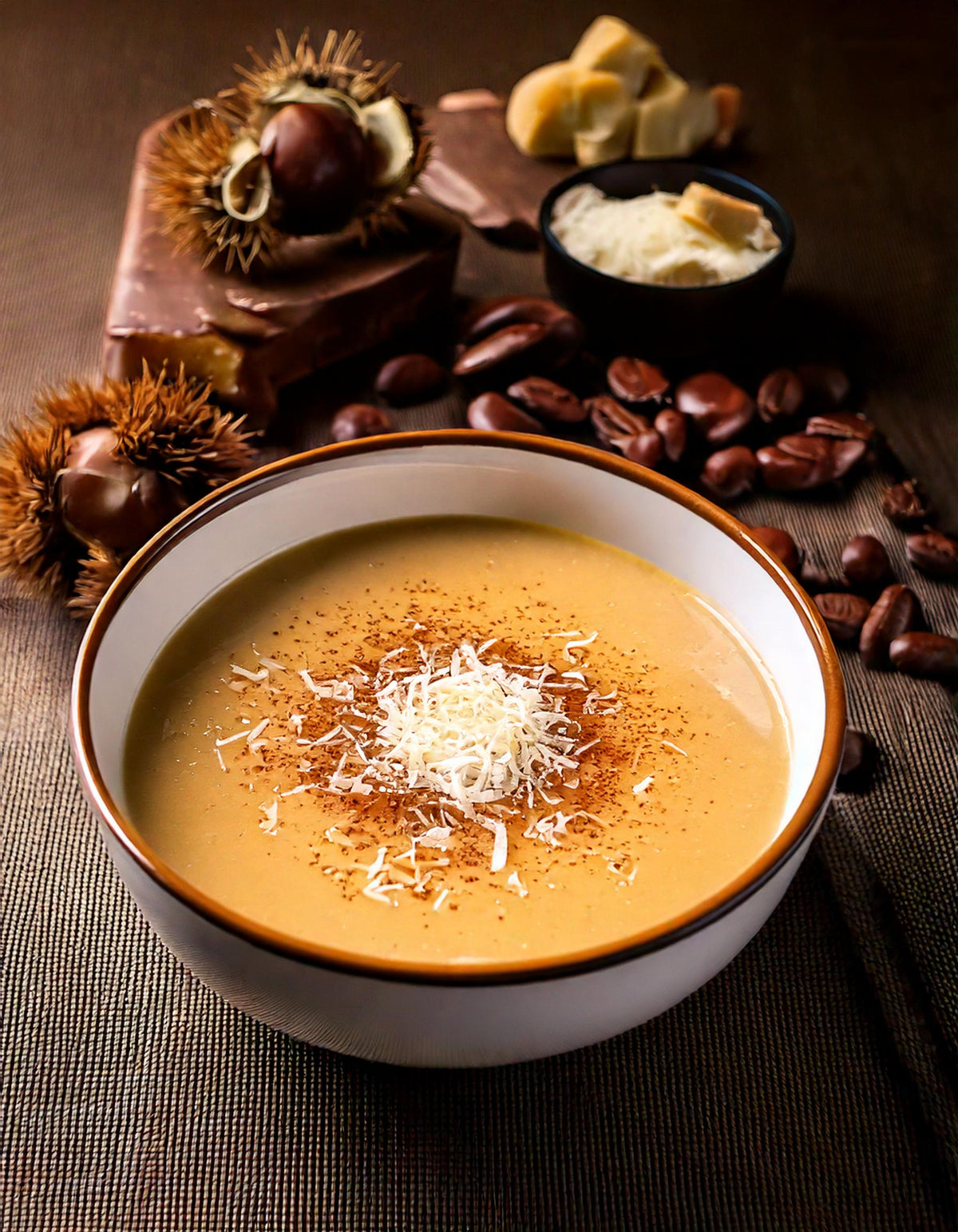 Velouté aux marrons et café dans un bol, avec des châtaignes, des grains de café et du parmesan.